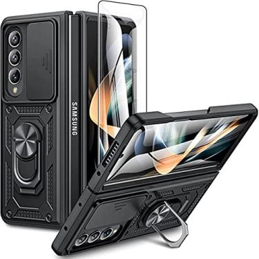 Imagem de Capa para Samsung Galaxy Z Fold4 5G capa de telefone à prova de choque de grau militar com 【360 ° suporte giratório de toque】 【Protetor de tela de vidro temperado】 (preto)