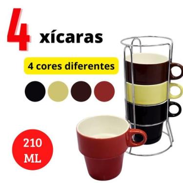 Imagem de Conjunto 4 Xícaras Coloridas 210ml Café Cerâmica Com Suporte - Clink