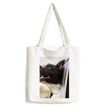 Imagem de Bolsa de lona com foto de animal de cachorro preto bolsa de compras casual bolsa de mão