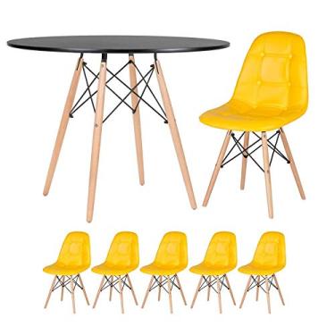 Imagem de Loft7, Kit Mesa Eames 100 cm preto + 5 cadeiras estofadas Eiffel Botonê amarelo