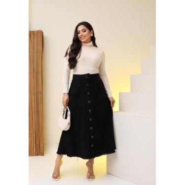 Imagem de Saia Jeans Preta Longa Cós Alto e Botões Moda Cristã Evangélica Jeans 