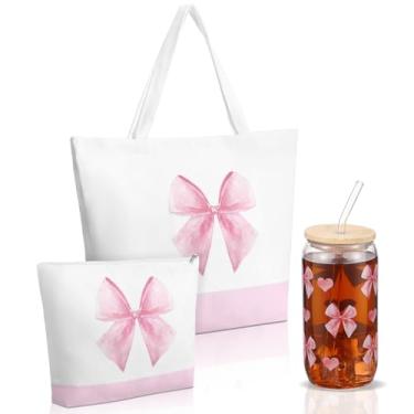 Imagem de Reginary Conjunto de 3 peças de bolsa de lona para mulheres, incluindo sacola grande de 473 ml, copo de vidro com tampa, bolsa de maquiagem de palha, fofo, engraçado, arco de coquete, amante de cães,