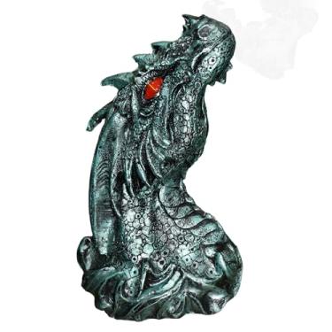 Imagem de Incensário Cabeça de Dragão Guardião Medieval porta incenso vareta Verde Metalizado Fumaça Narina 30 cm