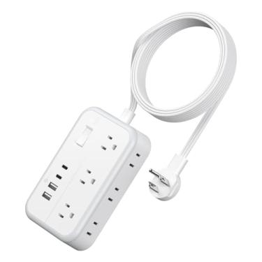 Imagem de NTONPOWER Filtro de linha com 6 tomadas, 4 estações de carregamento USB (2 portas USB C), cabo de extensão de plugue plano de 1,5 m, extensor de saída para interior, casa, material de escritório,
