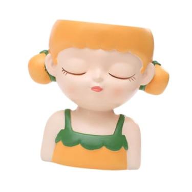 Imagem de Fenteer Cartoon Girl Planter Vaso de Plantas Decorativo Vaso de Mesa Pequeno Vaso de Flores de Resina para Ao Ar Livre Prateleira de Entrada Interna, Amarelo