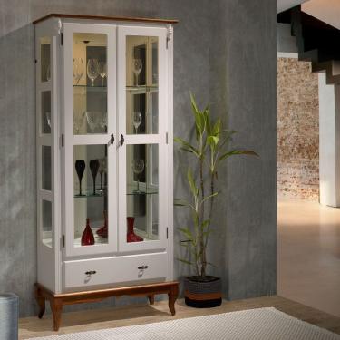 Imagem de Cristaleira com Espelho e LED 2 Portas 3 Prateleiras e Laterais em Vidro 60303EL Linz Móveis - Off White/Imbuia Glazer