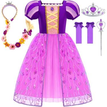 Imagem de Vestido princesa Aolliya para meninas de manga folhada roxo de 3 a 10 