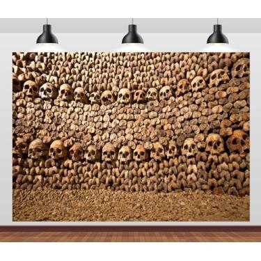 Imagem de Loccor Tecido de 2,1 x 1,5 m Catacumbas de Paris, França, cenário de fundo de tumba, pilha de caveiras e ossos, fotografia de fundo para decoração de festa, sessão de fotos, adereços de estúdio