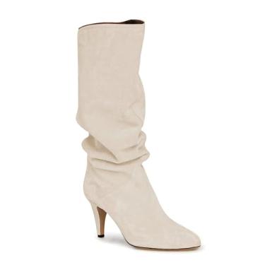 Imagem de Coutgo Botas femininas de cano alto despojadas, cano baixo, salto gatinho, bico fino, sem fecho, sapatos de inverno, Branco, 6