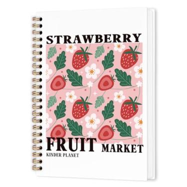 Imagem de nvucamd Caderno espiral de morango, caderno de diário de morangos do mercado de frutas, caderno feminino rosa preppy para mulheres, presentes de material escolar de escritório de morango, 14 x 21 cm