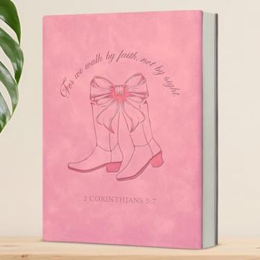 Imagem de Pink Bow Boots Christian Notebook Coquette Religious Bible Verse Journal Spiritual Gifts for Women Catholic, We Walk by Faith Pink Writing Notebook
