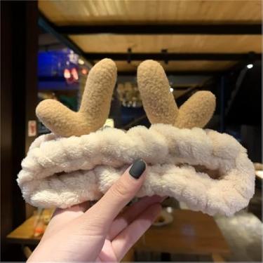 Imagem de Faixa de cabelo de pelúcia estilo coreano linda faixa de chifre à prova d'água para maquiagem, aplicação de máscara facial, lavagem facial, chifres cáqui