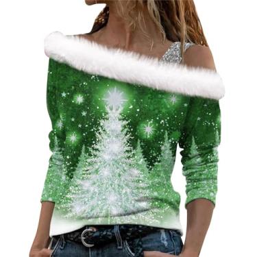Imagem de Elogoog Moletom feminino engraçado de Papai Noel floco de neve fora do ombro vintage manga longa Y2K gola V, Verde, 3G