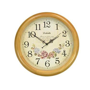 Imagem de Relógio relógio de parede de madeira maciça mudo, relógio de sala de estar retrô, relógio de madeira, relógio de quarto moderno, relógios de quartzo relógio de parede (cor: marrom, tamanho: 14S) (cor