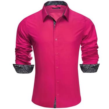 Imagem de Barry.Wang Camisa social masculina resistente à água manga comprida gola patchwork camisa para negócios/casamento smoking regular, Flor preta rosa choque, 3G