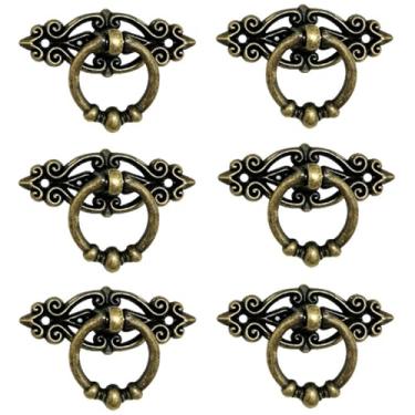 Imagem de Heuskay 6 peças de puxador de anel antigo com parafusos, gavetas de porta de armário vintage puxador retrô, latão antigo