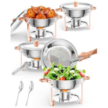 Imagem de Prato de atrito para buffet, pacote com 4, pratos redondos de 5 litros com suporte de tampa, chafers de aço inoxidável e aquecedores de alimentos com colher e pinças para festas, casamentos, eventos,