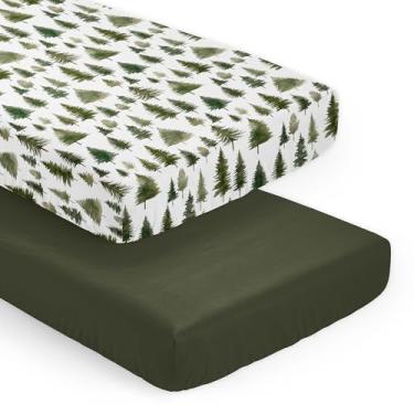 Imagem de Sweet Jojo Designs Jogo de lençol com elástico unissex unissex verde sálvia floresta, 2 peças, cor lisa e pinheiros, aquarela