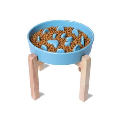 Imagem de Tigela de alimentação lenta para cães, tigela de cerâmica para ração média e grande, tigela divertida para cães com suporte de madeira para comer turquesa