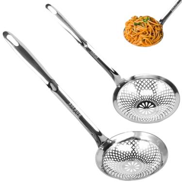 Imagem de 2 colheres de escumadeira de aço inoxidável 304 com alça ergonômica a vácuo, coador de cozinha, escumadeira, escumadeira, escumadeira, design confortável, concha de coador para cozinha e fritura