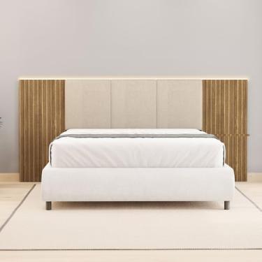 Imagem de Cabeceira de Casal Arendel 2,68m Ripado Tecido Linho com LED Nature/OffWhitte G98 - Gran Belo