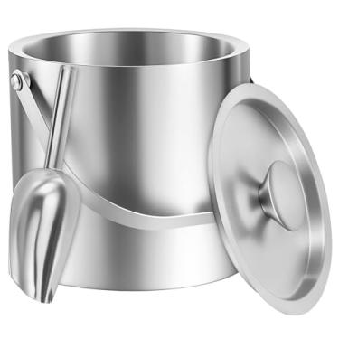 Imagem de Balde de gelo de parede dupla de metal de 3 L com tampa, pinças de gelo e coador, balde de gelo isolado mantém o gelo frio e seco, para bar de coquetel, vinho, acessórios de bar doméstico, festas