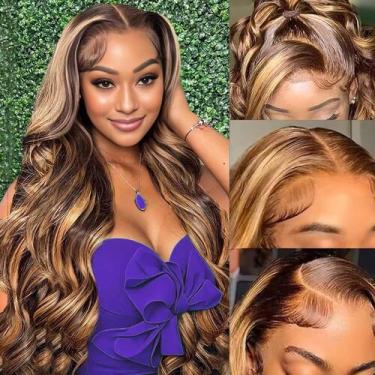 Imagem de Peruca frontal de renda QNQZ Highlight Ombre Body Wave 76 cm Honey Blo