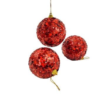 Imagem de Bola De Natal Vermelha Decorada 8Cm Para Árvore Kit 3Pc