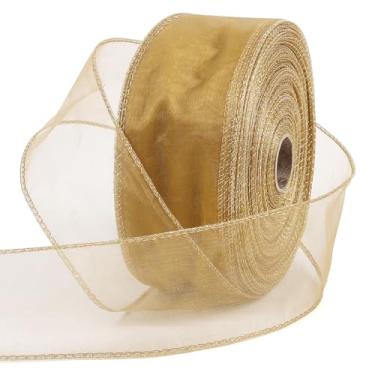 Imagem de LOAVER Fita transparente com fio de organza dourada, 5,8 cm x 50 m, borda metálica, fita de Natal para decoração de artesanato floral de Natal, grinaldas, suprimentos de embrulho de presente