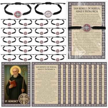 Imagem de Canchiing 24 conjuntos de pulseiras de São Bento para presente de rosário católico ajustável com medalha com cartões de oração, presente católico para homens, mulheres, aniversário, batismo, primeira