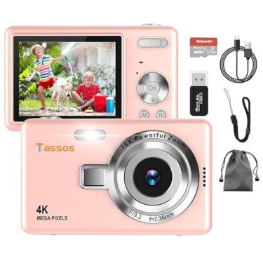 Imagem de Câmera digital 1080P FHD 4k com tela LCD de 2,4", compacta e portátil para vlogs e fotos, com cartão SD de 32GB e zoom digital de 16x para adolescentes, estudantes e iniciantes. (Rosa)