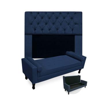 Imagem de Kit Cabeceira Estofada Mirage E Recamier Baú Fenix Casal 140 cm Suede Azul Marinho - LM DECOR