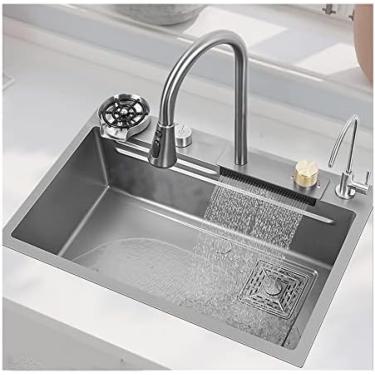 Imagem de Pia De Cozinha Em Cascata Nano Raindance Preta Em Aço Inoxidável Farmhouse Pias Utilitárias De Tigela Única Para Uma Lavanderia, Pia De Bancada Com Lavadora De Garrafas De Copo De Vidro, Instalaçã
