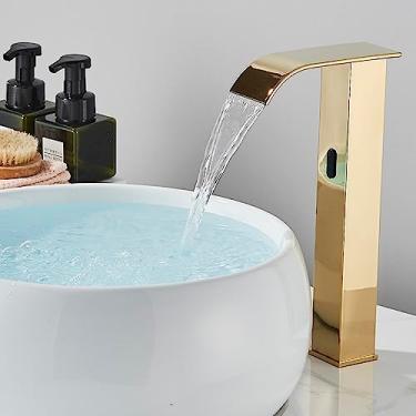Imagem de Torneira inteligente de banheiro com sensor único e frio, preta, automática, montagem no deck, torneira de pia de banheiro de latão, alta dourada