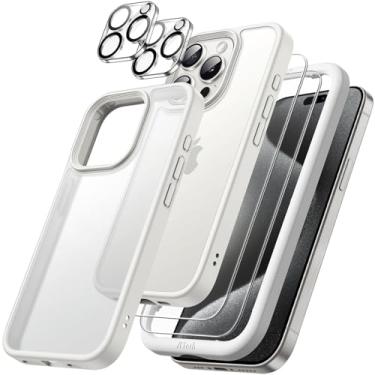 Imagem de JETech 5 em 1 Capa Fosca para iPhone 15 Pro Max 6,7 Polegadas com 2 Pacotes Tela de Vidro Temperado e Protector Lente Câmera, Traseira Translúcido Capinha Telefone à Prova Choque (Branco)