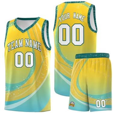 Imagem de Camiseta de basquete personalizada - Número do nome do time personalizado uniforme esportivo para homens mulheres jovens, Amarelo e água-04, One Size