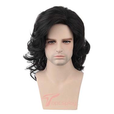 Imagem de Topcosplay Perucas masculinas longas pretas encaracoladas onduladas em camadas fantasia de Halloween peruca com franja disco rock peruca