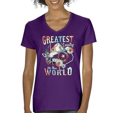 Imagem de Camiseta feminina com decote em V Greatest Country in The World Cowgirl Cowboy Girlfriend Southwest Rodeo Country Western Rancher, Roxa, XXG