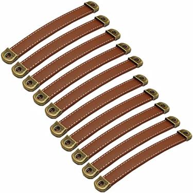 Imagem de 10 peças de couro PU + maçaneta de porta de liga de zinco, puxador de gaveta de mala puxador de armário de couro feito à mão puxadores de porta simples ferragens de móveis (marrom claro distância do