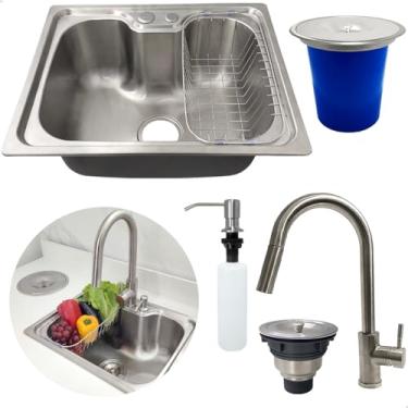 Imagem de Dona D Cor, Kit Cozinha Cuba Gourmet Inox 304 50x40 Lixeira De Embutir 5L Torneira Alta Monocomando Porta Detergente 500ml Valvula E Sifão Kit Completo 6 Peças