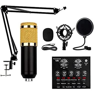 Imagem de Conjunto de microfone condensador, kit de microfone profissional com placa de som V8 ao vivo Suporte de choque para braço de lança para transmissão, gravação, YouTube, podcast, jogos