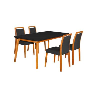 Imagem de Mesa Jantar Luxo Jade 160X90cm Preto Com 4 Cadeiras Estofadas Veludo Cinza Base Madeira Maciça 