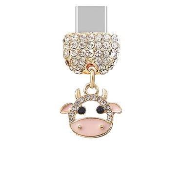 Imagem de ELISE & FONDA TP217 Tipo-C porta de carregamento cristal antipoeira pingente de vaca pequena pingente de telefone celular charme para Samsung Galaxy/OnePlus/Xiaomi/oppo Android iPhone 15/16 (rosa),