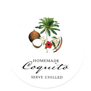 Imagem de Etiquetas COQUITO (Hibisco) com gráfico de coco, fava de baunilha, palmeira, sapo e hibisco. 5 cm redondo. 12 Laberls