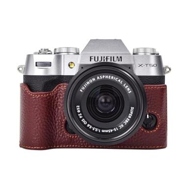 Imagem de Rieibi Capa X-T50 / XT50, meia capa de couro genuíno feita à mão, versão com abertura inferior para câmera digital Fujifilm X-T50/XT50, capa protetora para X-T50 XT50 (café