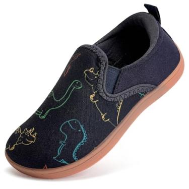 Imagem de WateLves Tênis infantil para crianças pequenas, largo, descalço, para meninos e meninas, minimalista, sem cadarço, de lona, ajuste natural com sola sem queda, Dq437/Dinossauro azul escuro, 8.5 Wide