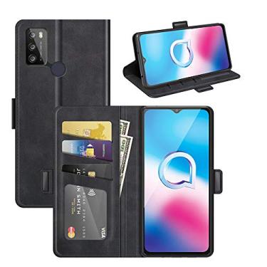 Imagem de Capa para Alcatel 1S 2021, carteira de couro PU premium estilo livro ímã capa de telefone flip dobrável com compartimentos para cartão para Alcatel 3L 2021 capa de telefone (preto)