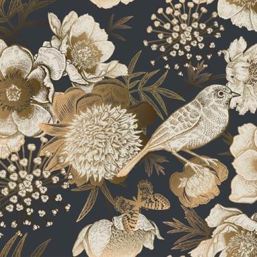 Imagem de MAGAFA Papel de Parede Floral e Pássaros Descascável e Colável Preto e Dourado Botânico, 45 cm x 3 m, 13,5 m², Removível, Autoadesivo, Para Locatários e Quartos, Banheiros, Paredes e Forro de