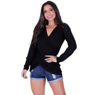 Imagem de Blusa Toda Casual feminina manga longa franzida preta malha viscolycra-Feminino