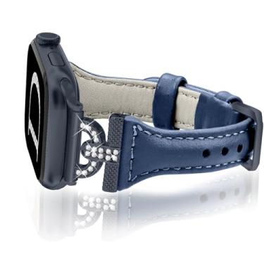 Imagem de OULUCCI Pulseiras de couro finas compatíveis com Apple Watch 38/40/41/42/44/45/46/49 mm, diamantes elegantes em forma de D para Apple Watch séries 10/9/8/7/6/5/4/3/2/1/SE/Ultra 2